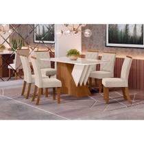 Conjunto: Mesa de Cozinha Epic Tampo Madeirado c/ Vidro 160x90cm e 6 Cadeiras Vita Nature/Linho - Henn Conjunto: Mesa de Cozinha Epic Tampo Madeirado c/ Vidro 160x90cm e 6 Cadeiras Vita Nature/Linho - Henn