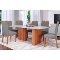 Conjunto: Mesa de Cozinha Ester Tampo Madeirado c/ Vidro 180x90cm e 6 Cadeiras Paola Cinamomo/Off White - Carvalho/Linho Grafite - Cimol