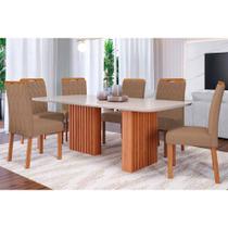 Conjunto: Mesa de Cozinha Ester Tampo Madeirado c/ Vidro 180x90cm e 6 Cadeiras Paola Cinamomo/Off White - Carvalho/Suede Joli Capuccino - Cimol
