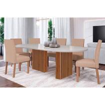 Conjunto: Mesa de Cozinha Ester Tampo Madeirado Oval c/ Vidro 210x100cm e 6 Cadeiras Maia Cinamomo/Off White - Nature/Suede Gengibre Bege - Cimol Conjunto: Mesa de Cozinha Ester Tampo Madeirado Oval c/ Vidro 210x100cm e 6 Cadeiras Maia Cinamomo/Off White - Nature/Suede Gengibre Bege - Cimol