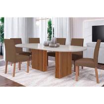 Conjunto: Mesa de Cozinha Ester Tampo Madeirado Oval c/ Vidro 210x100cm e 6 Cadeiras Maia Cinamomo/Off White - Suede Mascavo Chocolate - Cimol Conjunto: Mesa de Cozinha Ester Tampo Madeirado Oval c/ Vidro 210x100cm e 6 Cadeiras Maia Cinamomo/Off White - Suede Mascavo Chocolate - Cimol