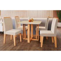 Conjunto: Mesa de Cozinha Flora c/ Tampo Madeirado c/ Vidro 95x95cm e 4 Cadeiras Clarice Savana-Nature-Madeirado/Suede Nude Bege - Cimol