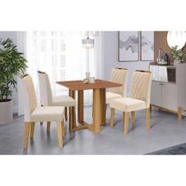 Conjunto: Mesa de Cozinha Flora Tampo Madeirado 95x95cm e 4 Cadeiras Juliana Cinamomo - Carvalho/Suede Nude Bege - Cimol
