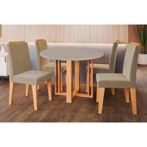 Conjunto: Mesa de Cozinha Flora Tampo Madeirado c/ Vidro 109cm e 4 Cadeiras Clarice Cinamomo/Off White - Carvalho/Linho Bege - Cimol