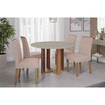 Conjunto: Mesa de Cozinha Flora Tampo Madeirado c/ Vidro 109cm e 4 Cadeiras Fernanda Cinamomo/Off White - Carvalho/Suede Nude Bege - Cimol