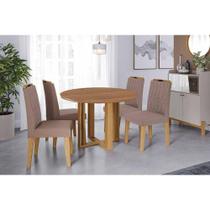 Conjunto: Mesa de Cozinha Flora Tampo Madeirado c/ Vidro 109cm e 4 Cadeiras Paola Cinamomo/Off White - Carvalho/Linho Bege - Cimol