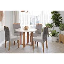 Conjunto: Mesa de Cozinha Flora Tampo Madeirado c/ Vidro 109cm e 4 Cadeiras Paola Nature/Off White - Carvalho/Linho Grafite - Cimol