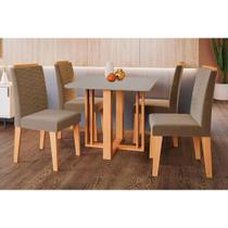 Conjunto: Mesa de Cozinha Flora Tampo Madeirado c/ Vidro 95x95cm e 4 Cadeiras Clarice Cinamomo/Off White - Carvalho/Suede Joli Capuccino - Cimol