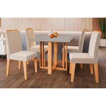 Conjunto: Mesa de Cozinha Flora Tampo Madeirado c/ Vidro 95x95cm e 4 Cadeiras Clarice Cinamomo/Off White - Carvalho/Suede Nude Bege - Cimol