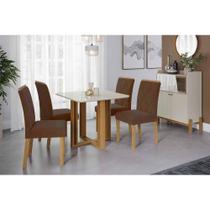 Conjunto: Mesa de Cozinha Flora Tampo Madeirado c/ Vidro 95x95cm e 4 Cadeiras Fernanda Cinamomo/Off White - Carvalho/Suede Joli Capuccino - Cimol
