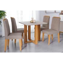 Conjunto: Mesa de Cozinha Flora Tampo Madeirado c/ Vidro 95X95cm e 4 Cadeiras Nicole Nature/Linho Bege - Cimol