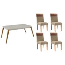 Conjunto: Mesa de Cozinha Havana c/ Tampo Madeirado c/ Vidro Canto Curvo 120x80cm e 4 Cadeiras Jaspe Naturale/Off White - Linho Bege - Rufato Conjunto: Mesa de Cozinha Havana c/ Tampo Madeirado c/ Vidro Canto Curvo 120x80cm e 4 Cadeiras Jaspe Naturale/Off White - Linho Bege - Rufato