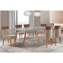 Conjunto: Mesa de Cozinha Havana c/ Tampo Madeirado c/ Vidro Canto Curvo 180x90cm e 6 Cadeiras Jaspe Naturale/Off White - Linho Bege - Rufato Conjunto: Mesa de Cozinha Havana c/ Tampo Madeirado c/ Vidro Canto Curvo 180x90cm e 6 Cadeiras Jaspe Naturale/Off White - Linho Bege - Rufato