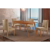 Conjunto: Mesa de Cozinha Havana c/ Tampo Madeirado Canto Curvo 120x80cm e 4 Cadeiras Dafne Naturale - Linho Bege - Rufato Conjunto: Mesa de Cozinha Havana c/ Tampo Madeirado Canto Curvo 120x80cm e 4 Cadeiras Dafne Naturale - Linho Bege - Rufato