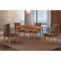 Conjunto: Mesa de Cozinha Havana c/ Tampo Madeirado Canto Curvo 120x80cm e 4 Cadeiras Dafne Naturale - Suede Marrom - Rufato Conjunto: Mesa de Cozinha Havana c/ Tampo Madeirado Canto Curvo 120x80cm e 4 Cadeiras Dafne Naturale - Suede Marrom - Rufato