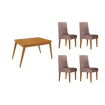 Conjunto: Mesa de Cozinha Havana c/ Tampo Madeirado Canto Curvo 120x80cm e 4 Cadeiras Dakota Naturale - Linho Capuccino - Rufato