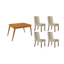 Conjunto: Mesa de Cozinha Havana c/ Tampo Madeirado Canto Curvo 120x80cm e 4 Cadeiras Dakota Naturale - Suede Creme - Rufato Conjunto: Mesa de Cozinha Havana c/ Tampo Madeirado Canto Curvo 120x80cm e 4 Cadeiras Dakota Naturale - Suede Creme - Rufato