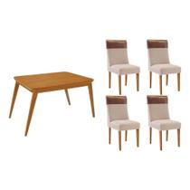 Conjunto: Mesa de Cozinha Havana c/ Tampo Madeirado Canto Curvo 120x80cm e 4 Cadeiras Jaspe Naturale - Suede Creme - Rufato