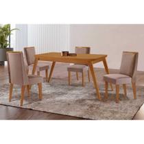 Conjunto: Mesa de Cozinha Havana c/ Tampo Madeirado Canto Curvo 120x80cm e 4 Cadeiras Tilia Naturale - Linho Capuccino - Rufato