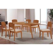 Conjunto: Mesa de Cozinha Havana c/ Tampo Madeirado Canto Curvo 180x90cm e 6 Cadeiras Havana Naturale - Suede Creme - Rufato Conjunto: Mesa de Cozinha Havana c/ Tampo Madeirado Canto Curvo 180x90cm e 6 Cadeiras Havana Naturale - Suede Creme - Rufato