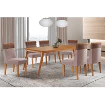 Conjunto: Mesa de Cozinha Havana c/ Tampo Madeirado Canto Curvo 180x90cm e 6 Cadeiras Jaspe Naturale - Linho Capuccino - Rufato Conjunto: Mesa de Cozinha Havana c/ Tampo Madeirado Canto Curvo 180x90cm e 6 Cadeiras Jaspe Naturale - Linho Capuccino - Rufato