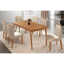 Conjunto: Mesa de Cozinha Havana c/ Tampo Madeirado Canto Curvo 180x90cm e 6 Cadeiras Maldivas Naturale - Suede Creme - Rufato Conjunto: Mesa de Cozinha Havana c/ Tampo Madeirado Canto Curvo 180x90cm e 6 Cadeiras Maldivas Naturale - Suede Creme - Rufato