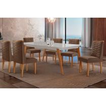 Conjunto: Mesa de Cozinha Havana Curvo 180cm + 6 Cadeiras Dafne Naturale/Off White - Suede Marrom - Rufato Conjunto: Mesa de Cozinha Havana Curvo 180cm + 6 Cadeiras Dafne Naturale/Off White - Suede Marrom - Rufato