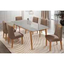 Conjunto: Mesa de Cozinha Havana Curvo 180cm + 6 Cadeiras Maldivas Naturale/Off White - Suede Capuccino - Rufato