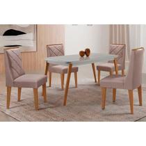 Conjunto: Mesa de Cozinha Havana Tampo c/ Vidro Curvo 120cm+4 Cadeiras Pietá Madeira Naturale/Off White - Capuccino/Linho Capuccino - Rufato