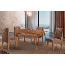 Conjunto: Mesa de Cozinha Havana Tampo Curvo 120cm+4 Cadeiras Dafne Madeira Naturale - Capuccino/Corano Capuccino - Rufato