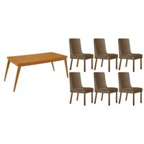 Conjunto: Mesa de Cozinha Havana Tampo Curvo 180cm+6 Cadeiras Dakota Madeira Naturale - Capuccino/Suede Capuccino - Rufato