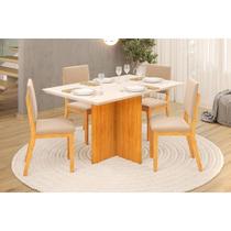 Conjunto: Mesa de Cozinha Hera c/ Tampo Madeirado c/ Vidro Reto 120x90cm e 4 Cadeiras Talia Cedro/Off White - Suede Creme - DJ Móveis
