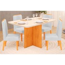 Conjunto: Mesa de Cozinha Hera Tampo Madeirado c/ Vidro Reto 120x90cm e 4 Cadeiras Lia Cedro/Off White - Linho Neve - DJ Móveis