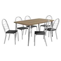 Conjunto: Mesa de Cozinha Iguaçu Tampo Madeirado 90x160cm e 6 Cadeiras Holanda Cromado/Nogueira - Preto - Kappesberg Conjunto: Mesa de Cozinha Iguaçu Tampo Madeirado 90x160cm e 6 Cadeiras Holanda Cromado/Nogueira - Preto - Kappesberg