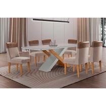 Conjunto: Mesa de Cozinha Imperatriz c/ Tampo Madeirado c/ Vidro Canto Curvo 180X90cm e 6 Cadeiras Jaspe Naturale/Off White - Suede Capuccino - Rufato Conjunto: Mesa de Cozinha Imperatriz c/ Tampo Madeirado c/ Vidro Canto Curvo 180X90cm e 6 Cadeiras Jaspe Naturale/Off White - Suede Capuccino - Rufato