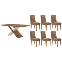 Conjunto: Mesa de Cozinha Imperatriz c/ Tampo Madeirado Canto Curvo 180x90cm e 6 Cadeiras Pietá Naturale/Off White - Suede Capuccino - Rufato