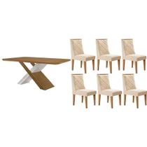 Conjunto: Mesa de Cozinha Imperatriz c/ Tampo Madeirado Canto Curvo 180x90cm e 6 Cadeiras Pietá Naturale/Off White - Suede Creme - Rufato Conjunto: Mesa de Cozinha Imperatriz c/ Tampo Madeirado Canto Curvo 180x90cm e 6 Cadeiras Pietá Naturale/Off White - Suede Creme - Rufato