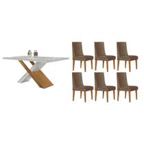 Conjunto: Mesa de Cozinha Imperatriz Curvo 180cm + 6 Cadeiras Dakota Naturale/Off White - Corano Capuccino - Rufato Conjunto: Mesa de Cozinha Imperatriz Curvo 180cm + 6 Cadeiras Dakota Naturale/Off White - Corano Capuccino - Rufato
