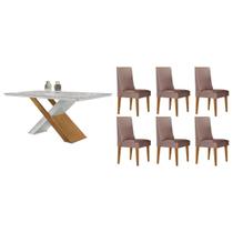 Conjunto: Mesa de Cozinha Imperatriz Curvo 180cm + 6 Cadeiras Dakota Naturale/Off White - Linho Capuccino - Rufato Conjunto: Mesa de Cozinha Imperatriz Curvo 180cm + 6 Cadeiras Dakota Naturale/Off White - Linho Capuccino - Rufato