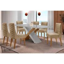 Conjunto: Mesa de Cozinha Imperatriz Tampo c/ Vidro Curvo 180cm+6 Cadeiras Dafne Madeira Naturale/Off White - Capuccino/Linho Bege - Rufato Conjunto: Mesa de Cozinha Imperatriz Tampo c/ Vidro Curvo 180cm+6 Cadeiras Dafne Madeira Naturale/Off White - Capuccino/Linho Bege - Rufato