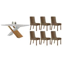 Conjunto: Mesa de Cozinha Imperatriz Tampo c/ Vidro Curvo 180cm+6 Cadeiras Dakota Madeira Naturale/Off White - Capuccino/Suede Capuccino - Rufato Conjunto: Mesa de Cozinha Imperatriz Tampo c/ Vidro Curvo 180cm+6 Cadeiras Dakota Madeira Naturale/Off White - Capuccino/Suede Capuccino - Rufato