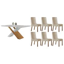 Conjunto: Mesa de Cozinha Imperatriz Tampo c/ Vidro Curvo 180cm+6 Cadeiras Dakota Madeira Naturale/Off White - Capuccino/Suede Creme - Rufato
