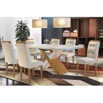 Conjunto: Mesa de Cozinha Imperatriz Tampo Madeirado c/ Vidro Canto Reto 180x90cm e 6 Cadeiras Imperatriz Capuccino/Suede Creme - Rufato Conjunto: Mesa de Cozinha Imperatriz Tampo Madeirado c/ Vidro Canto Reto 180x90cm e 6 Cadeiras Imperatriz Capuccino/Suede Creme - Rufato