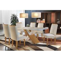 Conjunto: Mesa de Cozinha Imperatriz Tampo Madeirado c/ Vidro Canto Reto 180x90cm e 6 Cadeiras Jade Capuccino/Suede Creme - Rufato Conjunto: Mesa de Cozinha Imperatriz Tampo Madeirado c/ Vidro Canto Reto 180x90cm e 6 Cadeiras Jade Capuccino/Suede Creme - Rufato