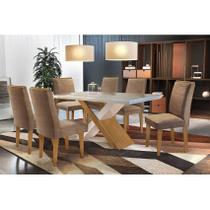 Conjunto: Mesa de Cozinha Imperatriz Tampo Madeirado c/ Vidro Canto Reto 180x90cm e 6 Cadeiras Lunara Imbuia/Suede Capuccino - Rufato
