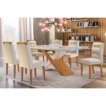Conjunto: Mesa de Cozinha Imperatriz Tampo Madeirado c/ Vidro Curvo 180x90 e 6 Cadeiras Imperatriz Imbuia/Off White - Suede Creme - Rufato Conjunto: Mesa de Cozinha Imperatriz Tampo Madeirado c/ Vidro Curvo 180x90 e 6 Cadeiras Imperatriz Imbuia/Off White - Suede Creme - Rufato