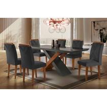 Conjunto: Mesa de Cozinha Imperatriz Tampo Madeirado c/ Vidro Reto 180x90 e 6 Cadeiras Amsterdã Imbuia/Grafite - Linho Grafite - Rufato