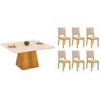Conjunto: Mesa de Cozinha Itália c/ Tampo Madeirado c/ Vidro Curvo 136x136cm e 6 Cadeiras Talia Cedro/Off White - Suede Creme - DJ Móveis