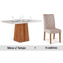 Conjunto: Mesa de Cozinha Itália Tampo Madeirado c/ Vidro 120x90cm e 4 Cadeiras Golden Terrara/Off White/Claro - DJ Móveis