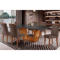 Conjunto: Mesa de Cozinha Jade Curvo 180cm + 6 Cadeiras Amsterdã Madeira Imbuia/Grafite - Capuccino/Suede Capuccino - Rufato